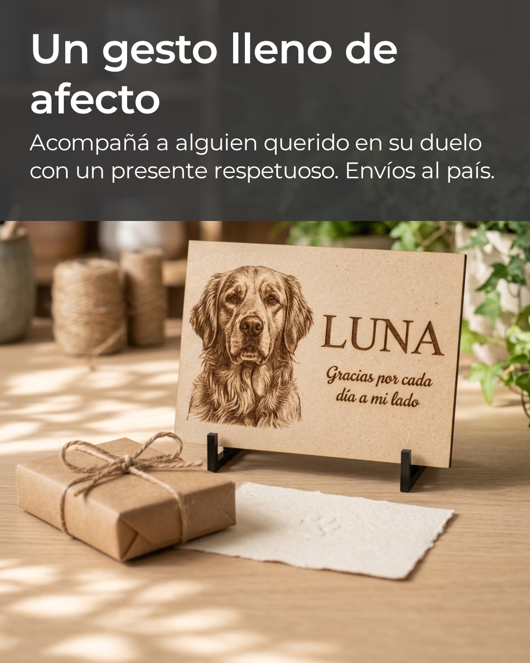 Placa conmemorativa para mascotas en MDF junto a una caja de regalo