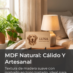 Placa conmemorativa en MDF natural con foto de perro grabada, en un ambiente cálido con lámpara