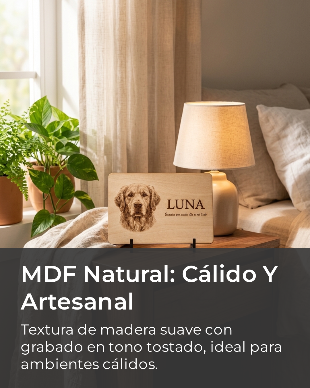 Placa conmemorativa en MDF natural con foto de perro grabada, en un ambiente cálido con lámpara