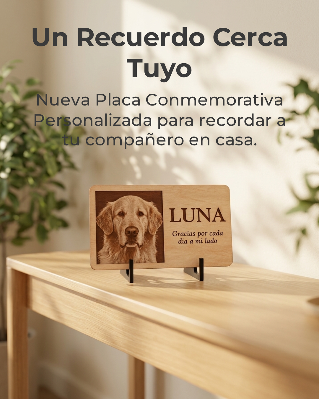 Placa conmemorativa para mascotas en MDF con la foto de un perro grabada, apoyada en su atril sobre una mesa