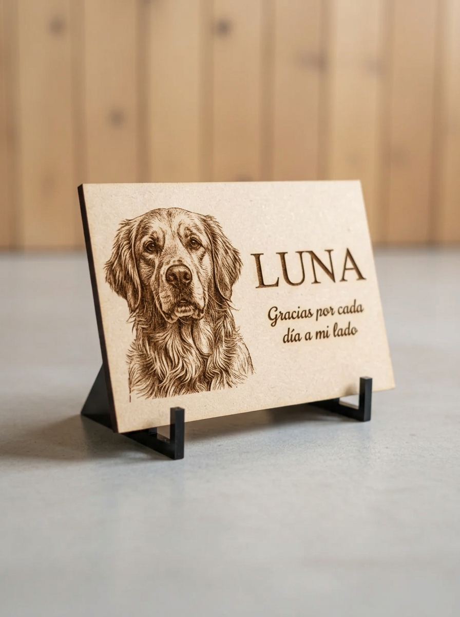Placa de MDF grabada con la foto de un perro, el nombre Luna y una dedicatoria, vista en perspectiva