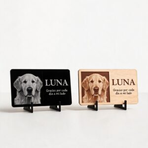 Placas conmemorativas para mascotas en acrílico negro y MDF, con foto, nombre y dedicatoria grabados a láser