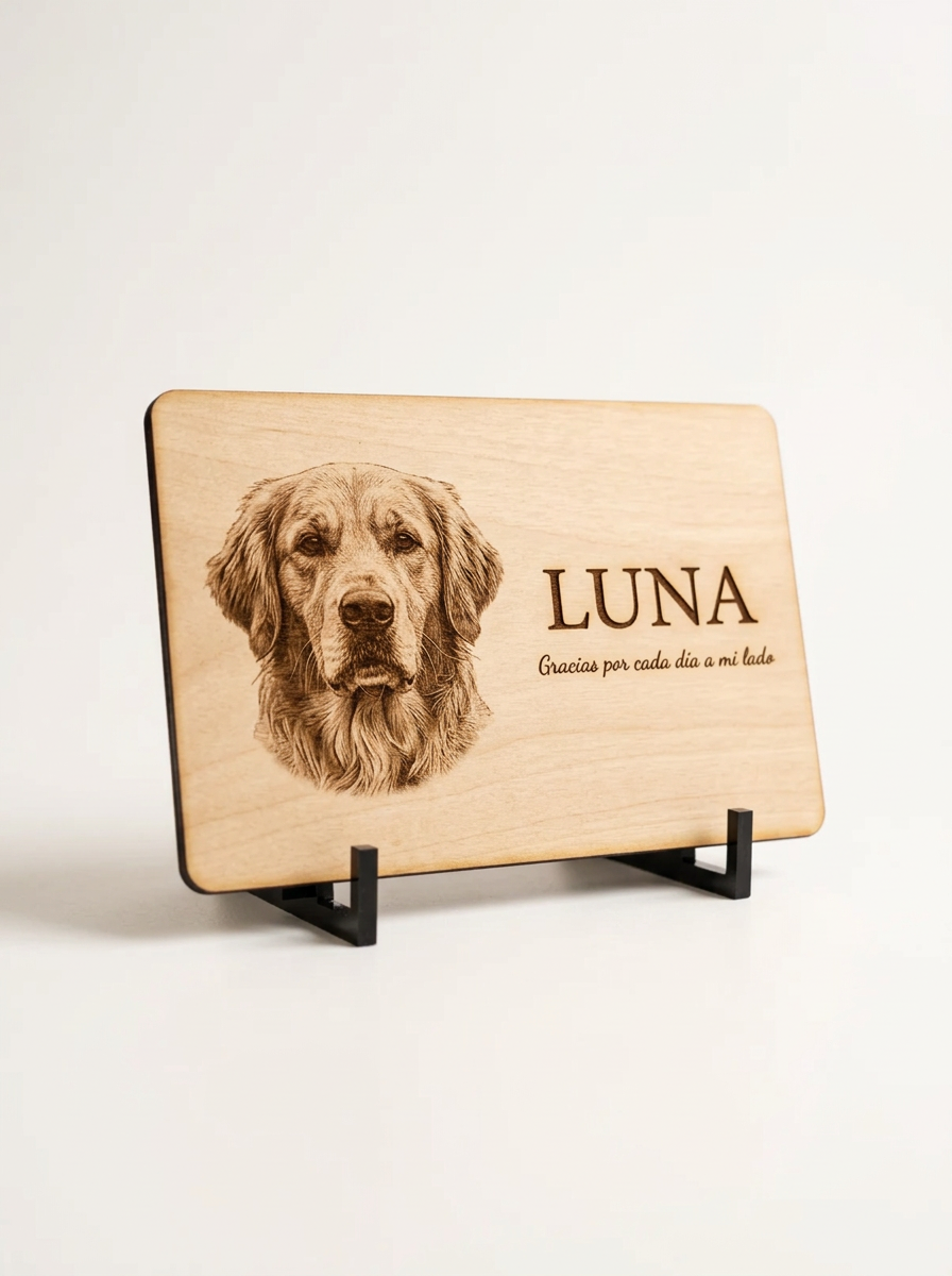Placa conmemorativa para mascotas en MDF con foto, nombre y dedicatoria, vista de frente